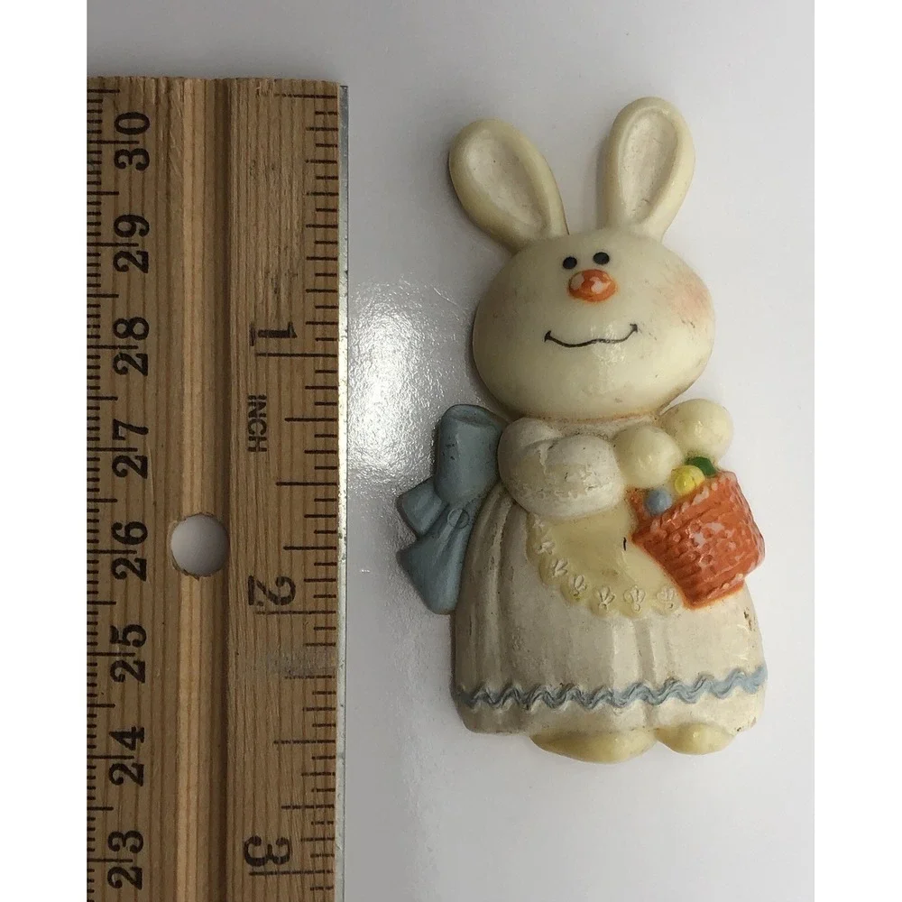 Vintage Hallmark Bernadette‎ Easter Bunny Pin Brooch 1975 Basket Plastic Dress